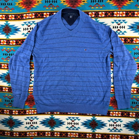 Tommy Hilfiger V-Neck Sweater Striped Knit Pullover Blue Size‎ M - Picture 1 of 6